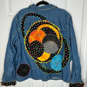 LIZ CLAIBORNE CRAZY HORSE Vintage Funky Artsy Embroidered Denim Jean Jacket